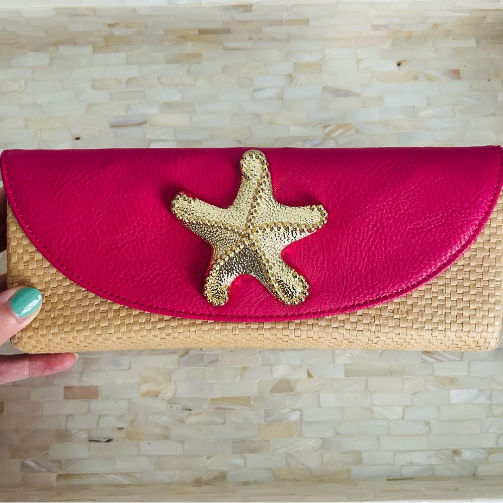 Mud Pie Coastal Style Vibrant Pink and Tan Clutch with Gold Starfish Detail